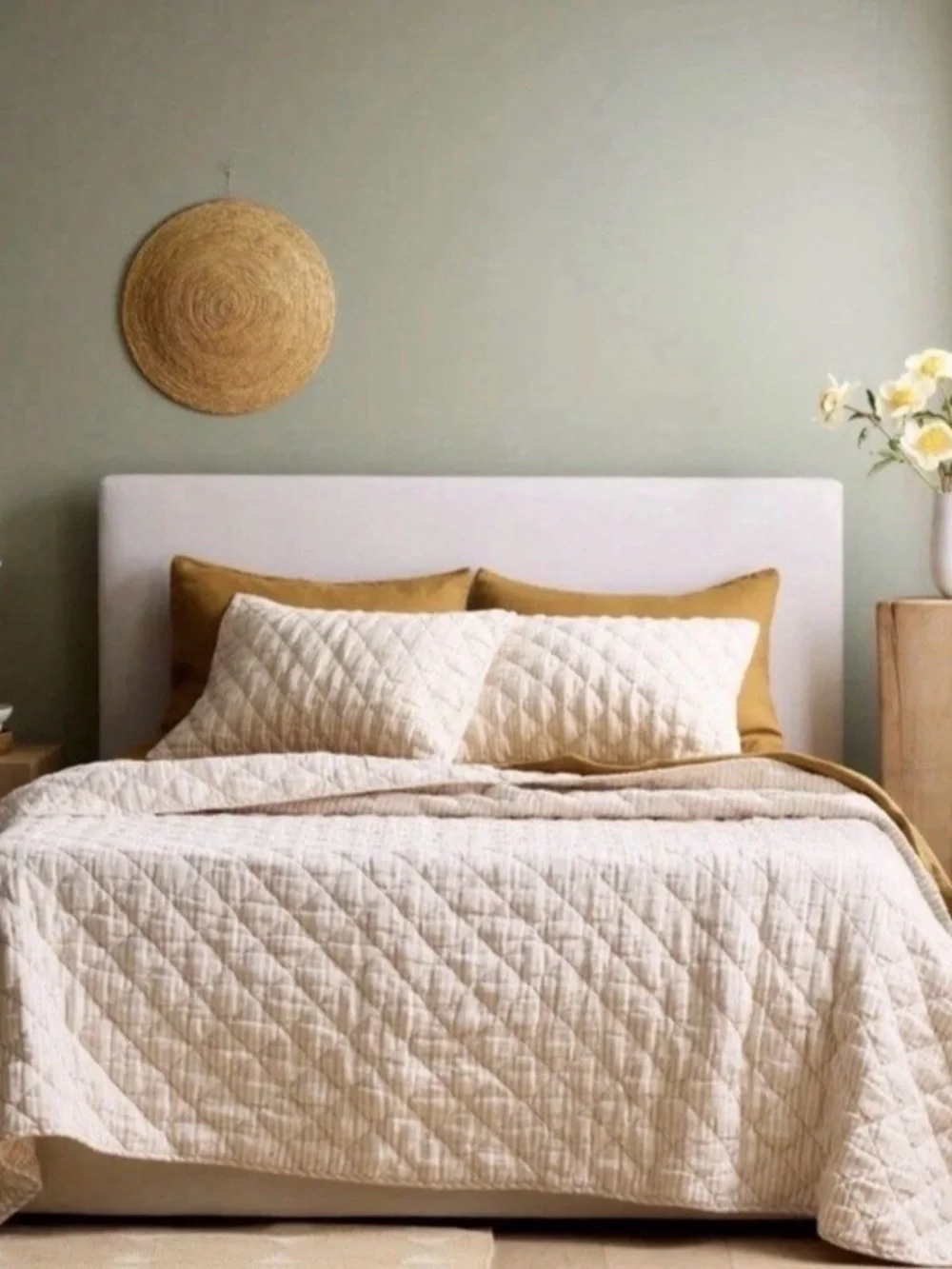 European Linen Natural and White Quilted Pillow Shams - Retail $60